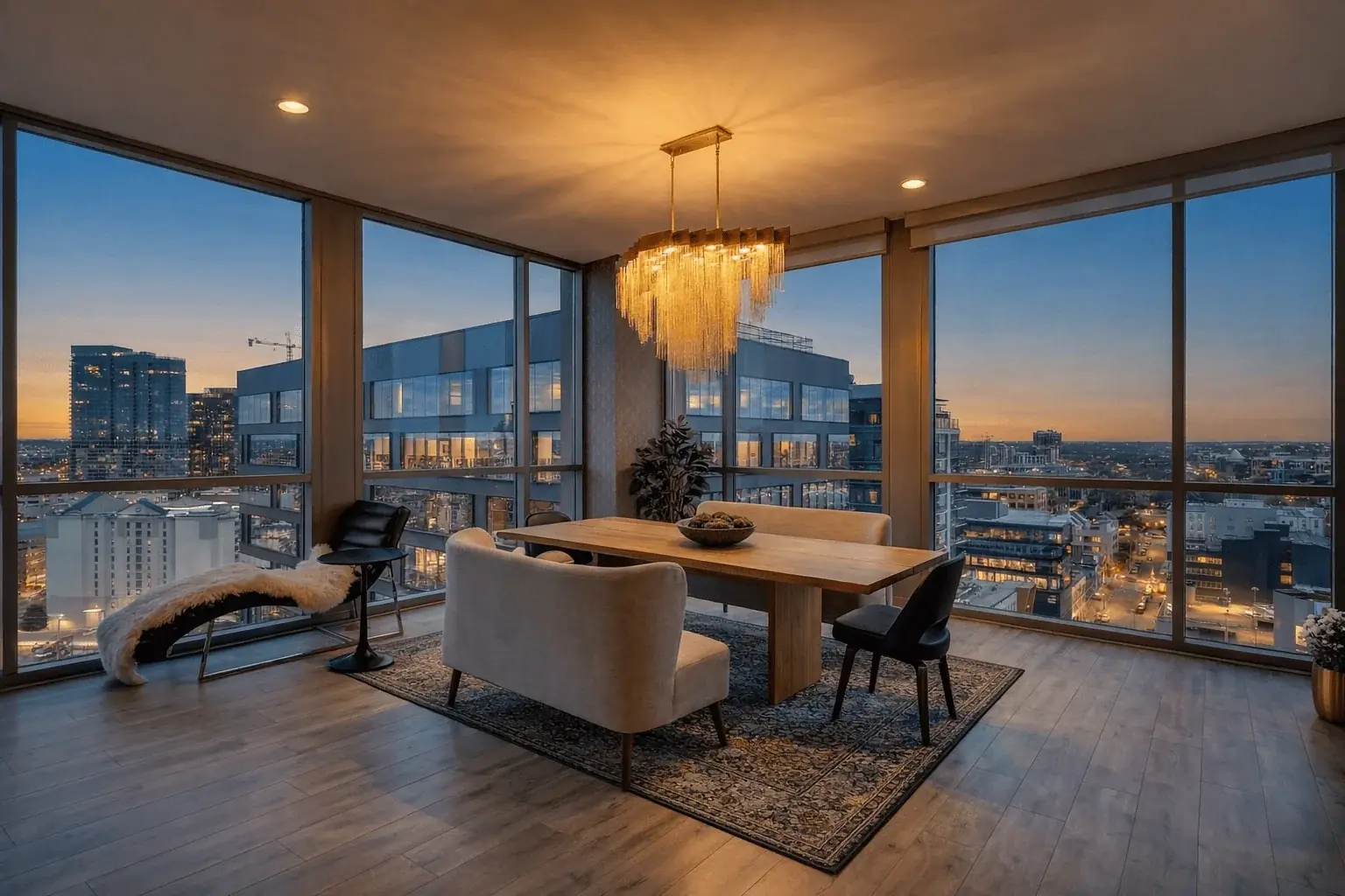 Corner dining room at dusk with city skyline through glass walls