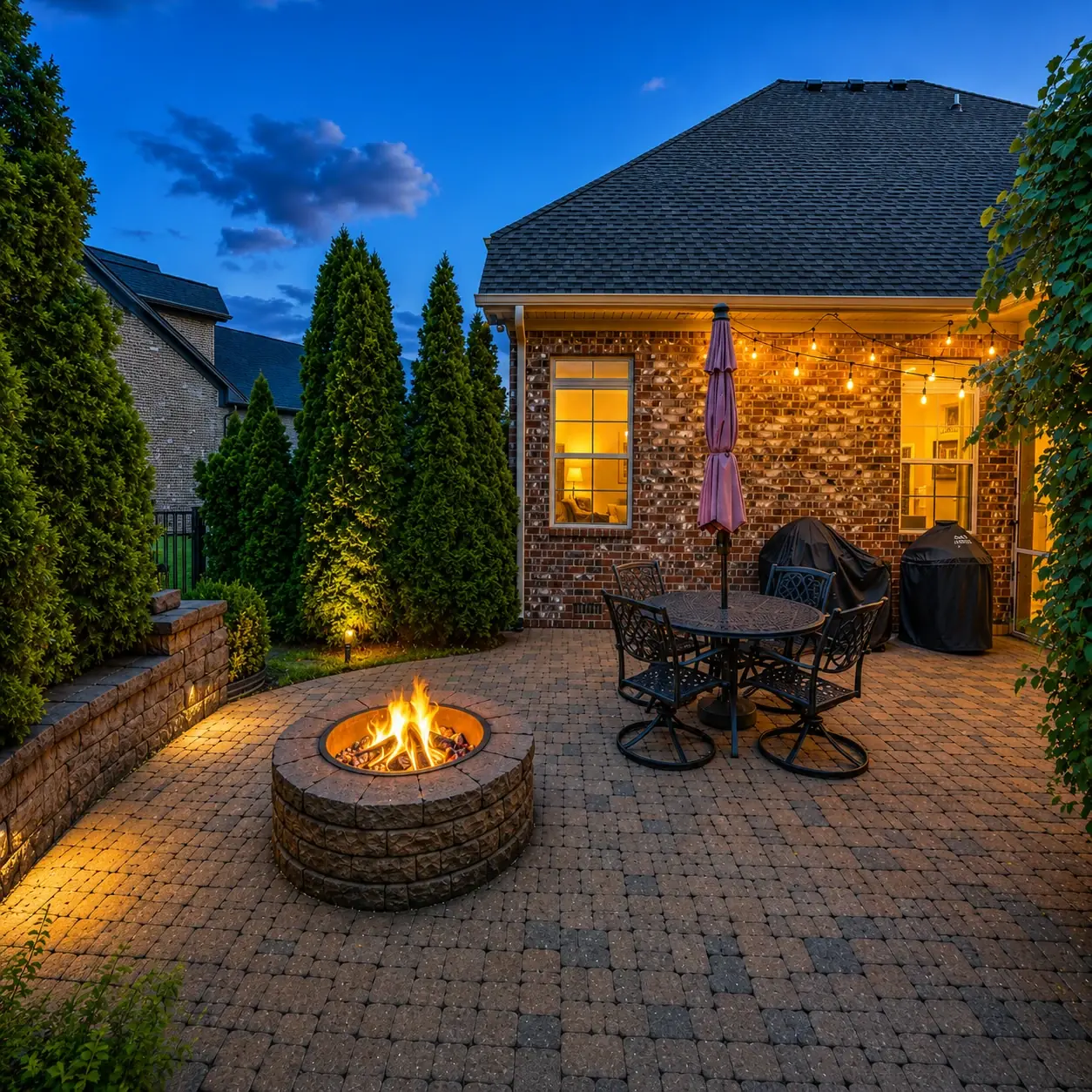 Paver patio with a lit fire pit at blue hour