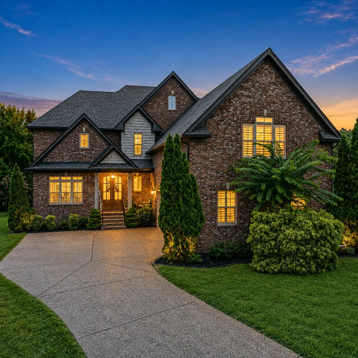 Home exterior photographed at golden hour