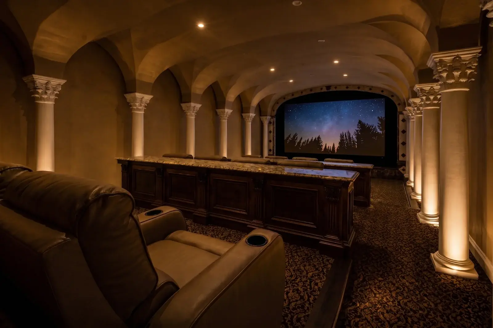 Home theatre with vaulted arches and tiered seating